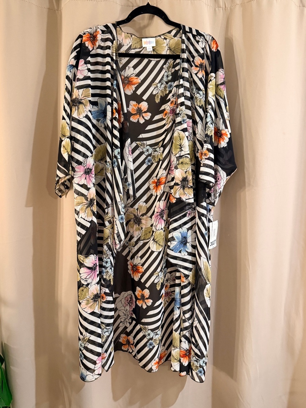 NWT LuLaRoe Floral Stripe Kimono Cardigan - Black with Multicolor Flowers
